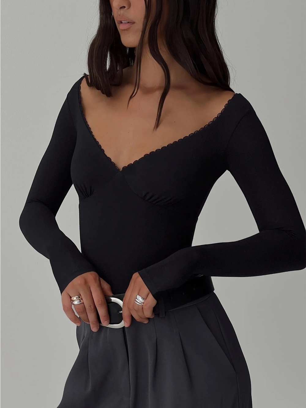 Princess Polly Black Lace-Trim V-Neck Top